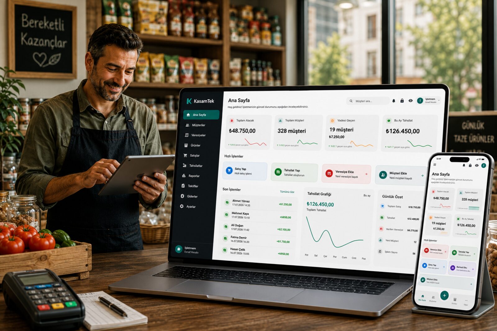 Bakkal işletmecisi KasamTek uygulamasını tablet üzerinde kullanıyor